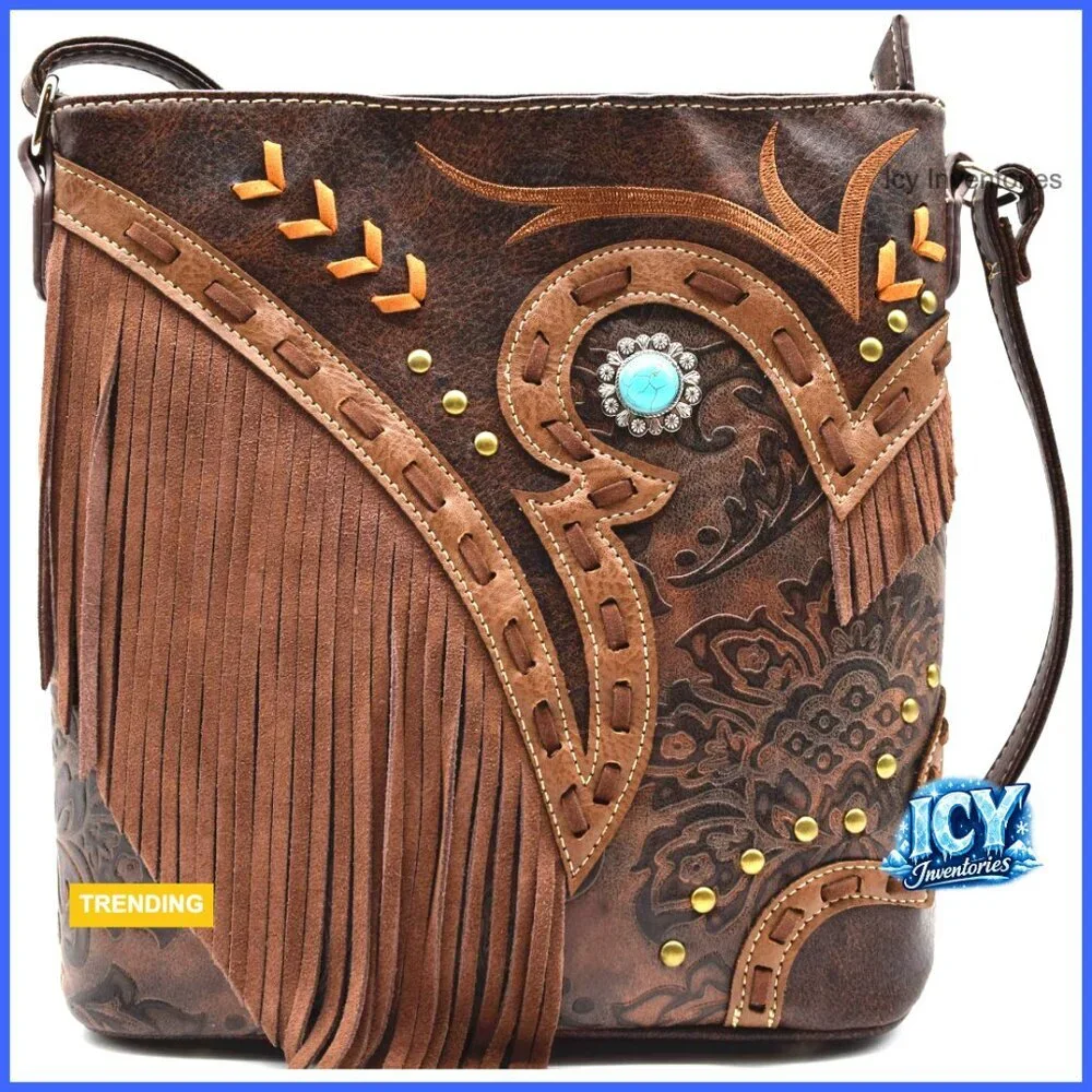 Faux Leather Fringe Crossbody Bag with Adjustable Strap and Pockets